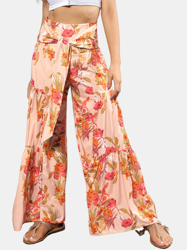 Women's printed loose casual holiday wind strappy wide-leg pants