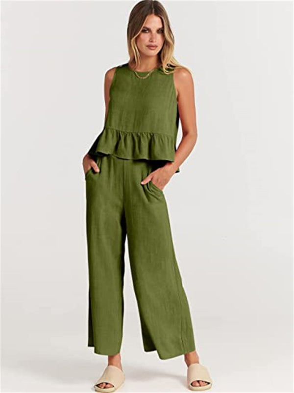 Sleeveless pleated vest wide-leg cropped pants casual suit