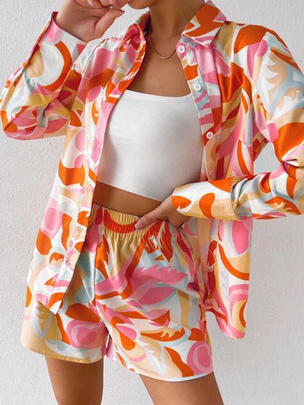 Women’s Print Tie Front Long Sleeve Shirt With Matching Shorts