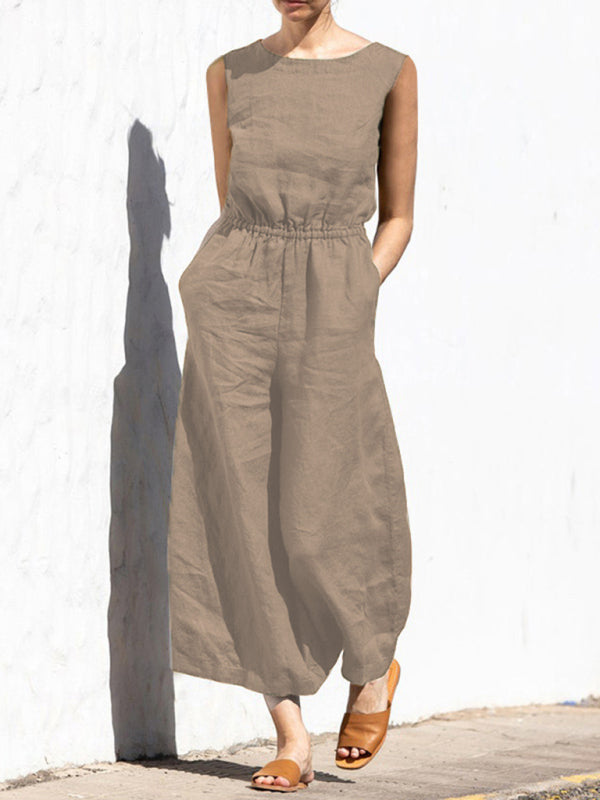 Solid color high waist sleeveless trousers women's fashion casual loose-fitting temperament jumpsuit