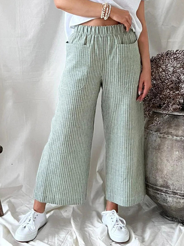 Women's Cotton Linen Loose Fashion Casual Striped Straight Leg Pants