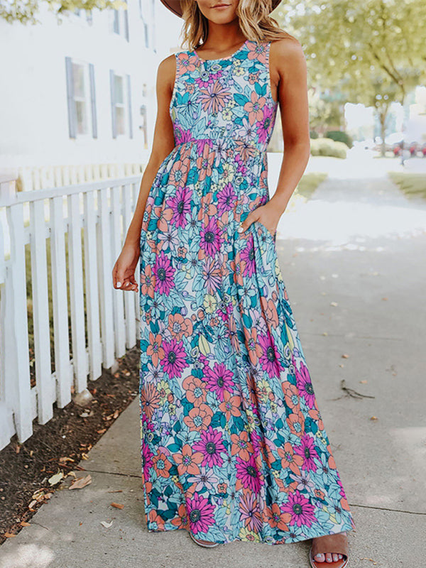 Ladies Floral Print Round Neck Sleeveless Maxi Dress