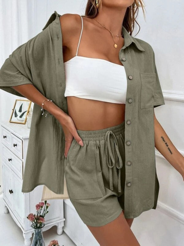 Loose-fit short-sleeve single-breasted shorts Two-piece solid-color shirt set