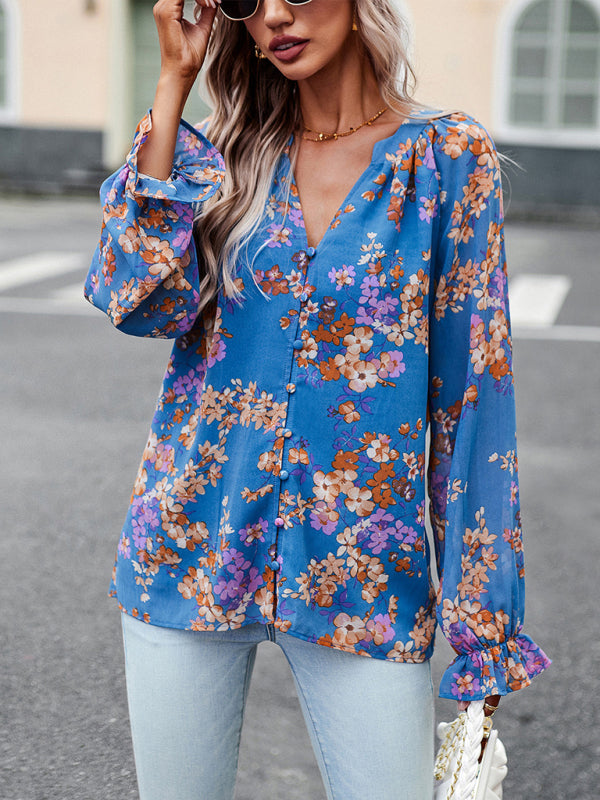 Elegant floral print shirt with V-neck buttons blouse