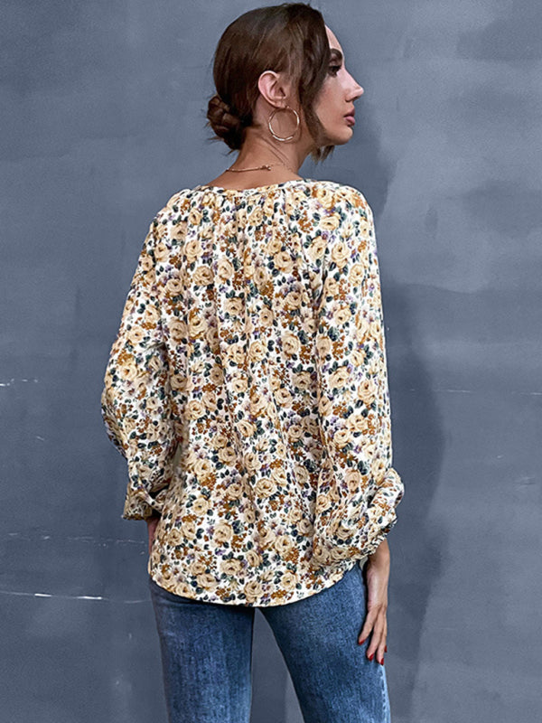 New holiday fashion women's loose v-neck long-sleeved floral shirt