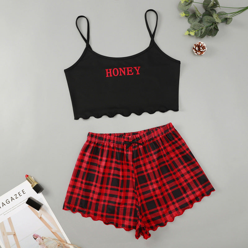 Women's Letter HONEY Printed Camisole + Plaid Printed Shorts Homewear Set